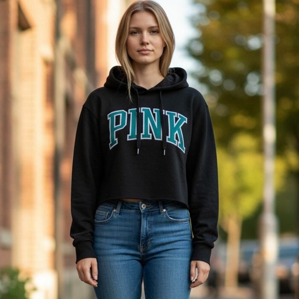 VICTORIA'S SECRET Pink Womens Black, Long Sleeve, Open Hem Pullover Hoodie - XS